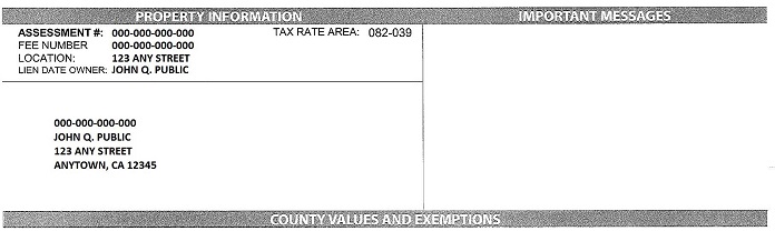Sample property tax bill showing boxed property information (assessment number, fee parcel number, owner name and address) and where to find them.